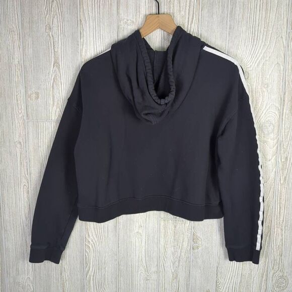 Adidas Womens Medium Cropped Pullover Hoodie Sweatshirt Black White Stripes - Picture 3 of 10